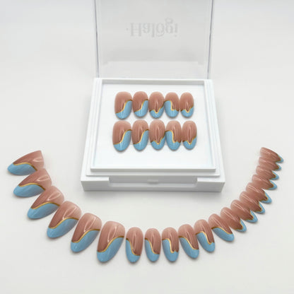 Dreamy Waves - Pinkish Nude Press-On Nails with Baby Blue Swirly Tips
Includes 30 piece press-on nails