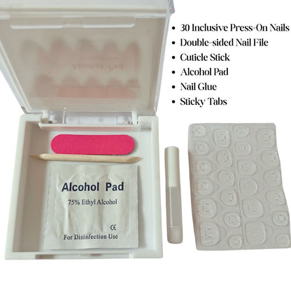 Each press-on nail kit includes 30 inclusive press-on nails, double-sided nail file, cuticle stick, alcohol pad, nail glue, and sticky tabs.